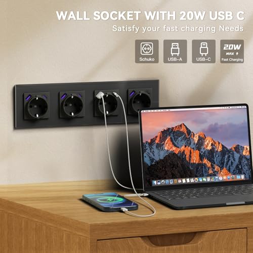 BSEED Steckdose mit USB C 20W, Schnellladen Wandsteckdose mit Krallen, EU-Standard Einbausteckdose Unterputz, Einfach Montage, 16A 250V, NEU E-Serie,4 Fach,299mm Grau