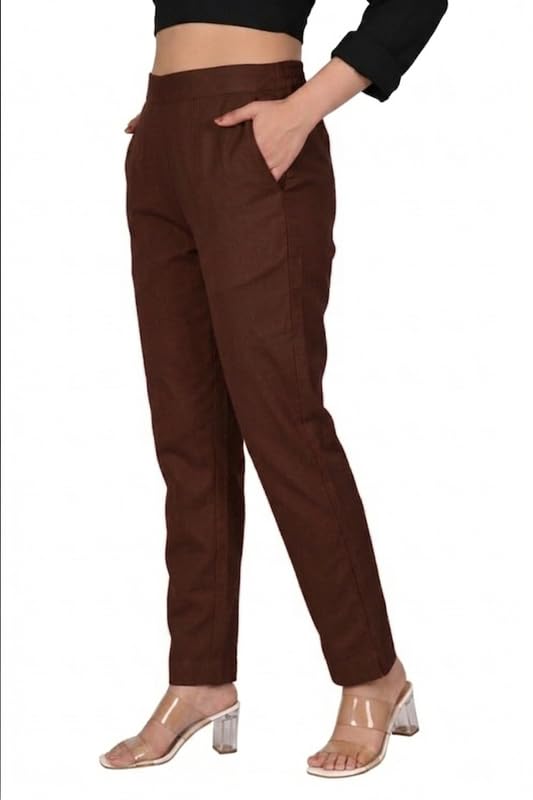 Image of Solid Cotton Woman Trousers Pants Regular Fit Kurti Pant with Drawstring Daily Office Formal Casual Use