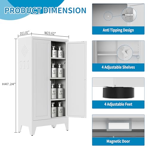 Image of 48 inch H White Steel Pantry Storage Cabinet with 3 Adjustable Shelves, 4-Tier Tall Metal Cabinets for Kitchen, Living Room, Garage, Heavy Duty Freestanding Utility Cabinet, Assembly Required