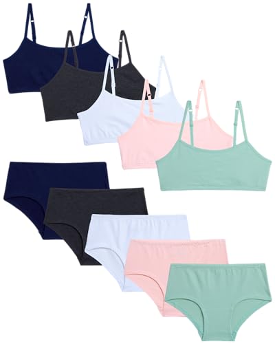 Rene Rofe Girls Underwear Set - 10 Piece Cotton Cami Bralette & Hipster Briefs Matching Training Bras & Panty Set (7-14)