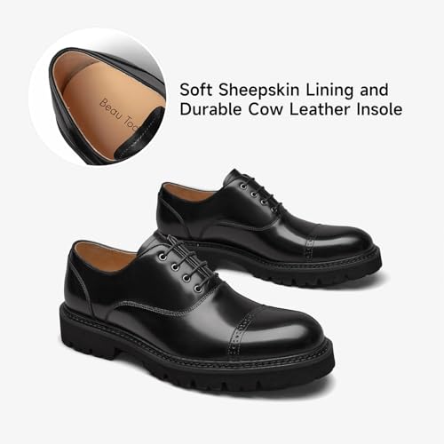 Image of BEAU TODAY Men's Wingtip Oxfords, Brogue Lace-Up Business Dress Derby Shoes | Genuine Cow Leather, Sheepskin Lining, Non-slip EVA Platform Outsole, Wingtip Brogue Design, Versatile For Work or Daily Life