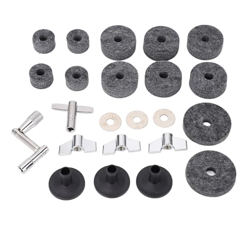 Tissting 23 Pcs Cymbal Replacement Accessories Set, 2.5cm 4cm 5cm Felt Pads, Drum Cymbal Sleeves, Nuts, Washers, T and Z Wrench for Drum Set Maintenance (Grey)
