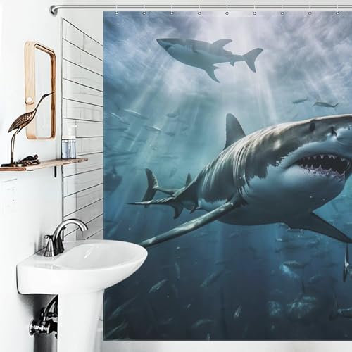 Rideau de douche requin tissu imperméable lavable machine avec 12 crochets 183x183