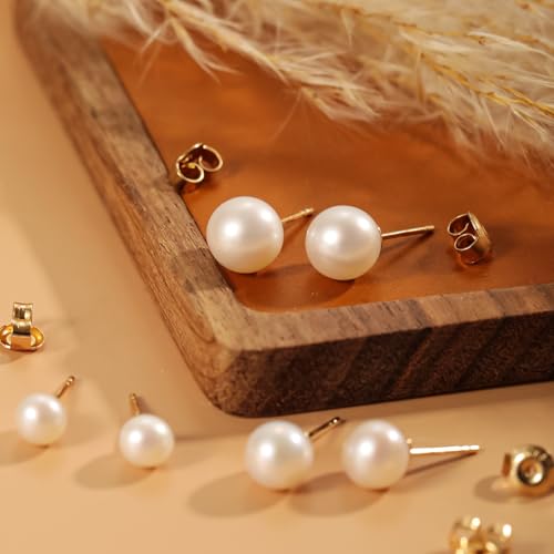 Image of Freshwater Pearl Stud Earrings for Women - Hypoallergenic 925 Silver Plated With 14k Gold Genuine Round White Pearls Elegant Gift for Her