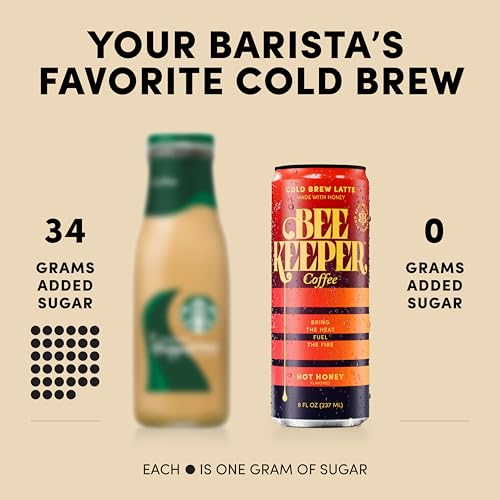 Image of Beekeeper Hot Honey Latte Cold Brew Coffee Drinks with Oregon Honey | 12 Pack Refreshing Iced Coffee - Unsweetened & Strong Arabica Brew, 8 fl oz Ready-to-Drink Can - 180mg Natural Caffeine