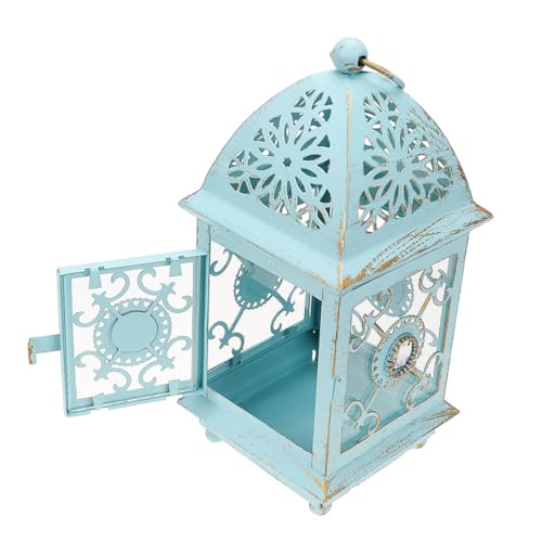 CLISPEED Linterna de Hierro Hueca para Vela Tealight Decoración Rústica Colgante para Centros de Mesa Bodas Linterna Decorativa Azul y Dorada para Salones y Festivos