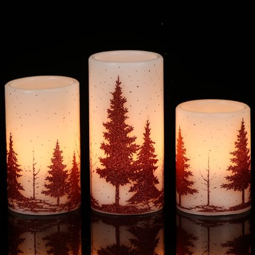 Image of KunSween Red Christmas Tree Flameless Candles with 6H Timer, 3 Pack LED Flameless Candles Battery Operated Real Wax, Christmas Candle for Winter Holiday Decorations for Home(D3 x H4 5 inch 6 inch)