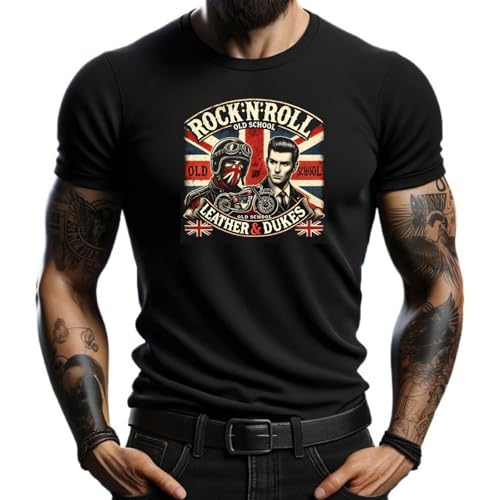 Camiseta Negra Hombre Rock n Roll Old School - Diseño Vintage Británico con Estilo Motociclista (FR/ES, Letras, L, Regular, Regular, Negro)
