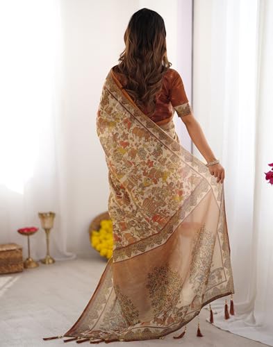Image of SIRIL Women's Cotton Linen Kalamkari Printed Handloom Saree with Unstitched Blouse Piece
