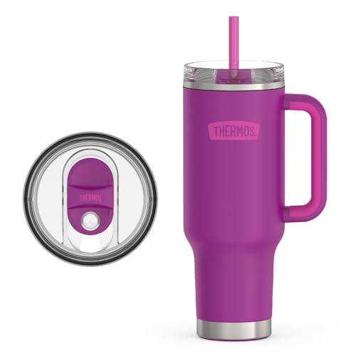 Image of THERMOS Stainless Steel Cup Holder Mug - 40 Ounce, Plum - Insulated Tumbler with Lid and Straw, Plus Leak-Resistant Slide Lock