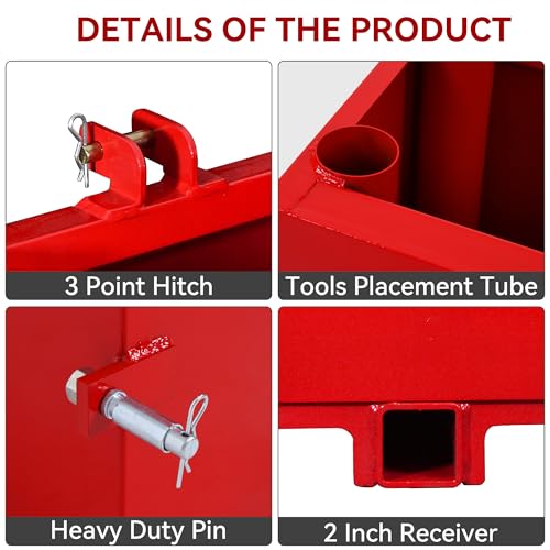 YITAMOTOR 3 Point Hitch Ballast Box, 800 lbs Tractor Ballast Box with 2'' Quick Hitch Receiver for 3 Point Category 1 Tractors, Loaders and Skid Steers, Red