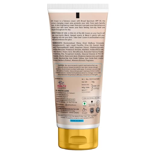 Image of Dr Health Carre BB Cream SPF 30, Natural Shade, Paraben-Free, Lightweight Foundation with Instant Spot Coverage, Evens Skin Tone, Natural Glow Finish, 50g (Pack of 2)