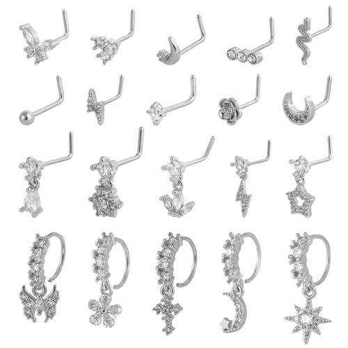 Mikovivi 20stk Baumelnder Nasenring, Silber Baumeln Nasenringe Nasenpiercing Stylische Creolen und L-Förmige Stecker für Damen Tägliches Pendeln & Party Schmuck