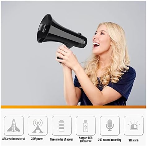 Megaphones Power Portable 35W Bullhorn Megaphone Speaker with Built-in Siren USB Flash Drive 240S Recording Black Great for Outdoor Announcements Amplifiers(No Battery)