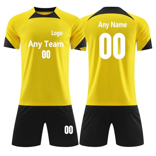 Customized Football Jerseys Tracksuit Training Soccer Jersey T-Shirt Boys Kids Youth Jersey Socks Soccer Shirt Kit Set (Yellow)