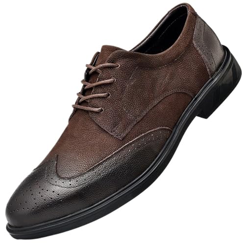 Casual Business Oxford Leather Shoes Dress Oxford for Men Lace Up Round Burnished Toe Shoes Leather Rubber Sole Low Top Non Slip Anti-Slip Wedding