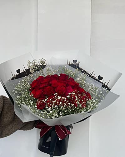 Image of Oasis - 20 Sheets Korean Style Waterproof Premium Bouquet Wrapping Sheet (58cm x 58cm, 60 Microns) | HeartBeat Border Design, Giftwrap for Flowers & DIY Gift Wrapping Paper For Valentines Day (Burgundy)