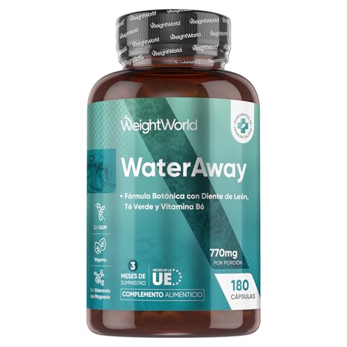 Water Away 180 Cápsulas Veganas - 11 Ingredientes con Diente de León, Té Verde, Vinagre Sidra de Manzana, Potasio, Vitamina B6 y Más, Suplemento Sin Gluten, Sin Lactosa, Sin OGM