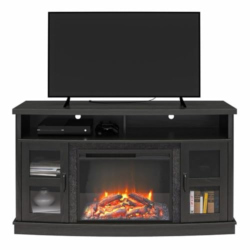 Image of Ameriwood Home Barrow Creek Fireplace Console with Glass Doors for TVs up to 60 inch, Black Oak