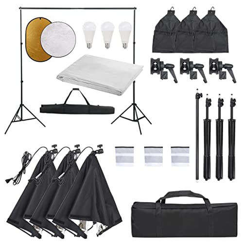 vidaXL Kit de Estudio Fotográfico con Set de Luces, Fondo y Reflector Soporte Pantalla Foto Video Sistema Lámparas Luz Iluminación Plegable