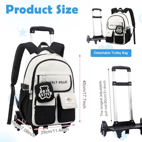 Image of PALAY Trolley School Bag Black White Polyester School Bag with Wheels Large Capacity Children's Trolley Backpack with Mini Pouch Waterproof Multi-Compartments Rolling Backpack for Elementary, Middle