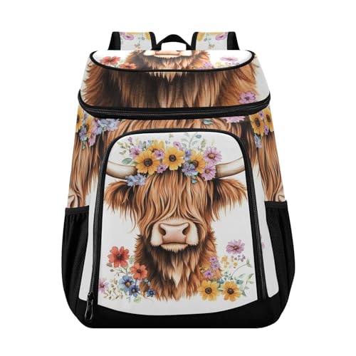 Cow Adorable Highland Cow Flowers Cooler Backpack Cooler Insulated Leak Proof Lunch Backpack 36 Cans Waterproof Soft for Men Women Picnic Hiking Camping Beach