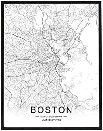 ZEARPT Boston Street Art Print, Black and White Downtown Wall Decor, Minimalist Road Poster for Home or Office, 11x14 Inch Unframed
