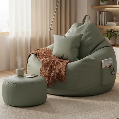 Image of KAM'S LIEU 5XL Bean Bag Combo with Footrest & Cushion | Filled with High Density EPS Beans | Comfortable Sofa for Living Room & Bedroom | 6 Months Warranty, Color- (SAGE Green, 5XL, Classic)