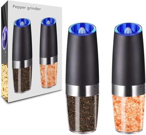 Molinillo de Pimienta Eléctrico - Salero y Pimentero Eléctrico con Luz LED, Molinillo Eléctrico de Sal y Pimienta a Pilas para Cocina, 2pc (Negro)