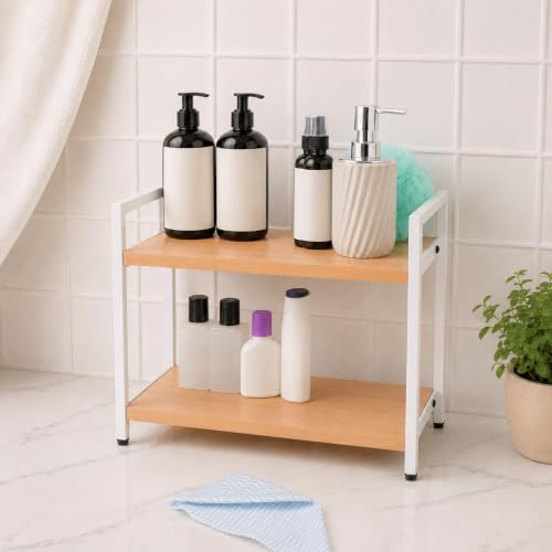 Image of Decorlay Laminated Board Metallic Frame Kitchen Counter Top Storage Organizer Spice Bottles, Condiment Racks Space Saver | Beech | Pack of 1