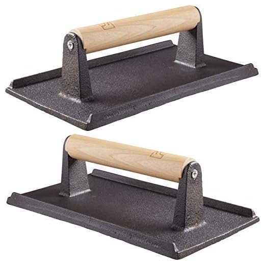 Pro Grade, Pre Seasoned Cast Iron Grill Weight 2Pk. Heavy Duty Steak and Burger Press with Wooden Handle for Grills, Griddles and Flattops. Perfect Gadget for Bacon, Paninis, Sandwiches and Vegetables