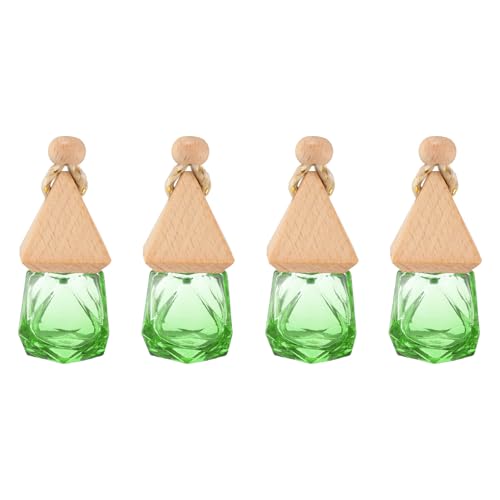 sourcing map 4pcs Hanging Car Air Freshener Perfume Bottle, 8ml Pendant Empty Clear/Green Glass Essential Oil Aromatherapy Diffuser with Wooden Cap for Car Decor (Clear/Green, Rhombus)