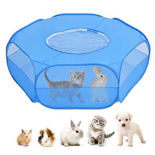 Image of Small Animal Cage, Hamster Playpen, Guinea Play Pen with Cover, Outdoor/Indoor Pet Pop up Playpen, Hamster Run Playpen Tent Perfect for Rabbit Guinea Pig Rat Puppy (Blue)