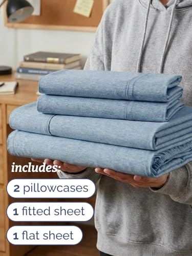 Image of Twin XL 4 Piece Sheet Set - College Dorm Room Essentials - Heathered Blue | Ultra Soft Dorm Bedding Set, 8 inch to 16 inch Inch Deep Pockets, 1 Flat & 1 Fitted Sheet & 2 Pillowcases, Wrinkle & Fade Free