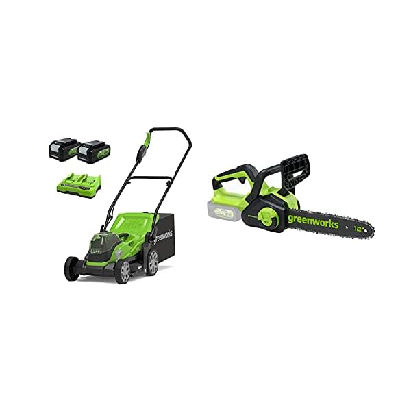 Greenworks Akku-Rasenmäher+Akku-Kettensäge G24CS30 (Li-Ion 24V 7,8m/s Kettengeschwindigkeit 30cm Schwertlänge…