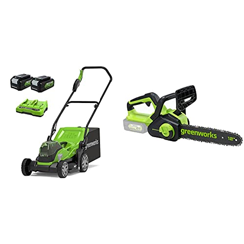 Greenworks Akku-Rasenmäher+Akku-Kettensäge G24CS30 (Li-Ion 24V 7,8m/s Kettengeschwindigkeit 30cm Schwertlänge…