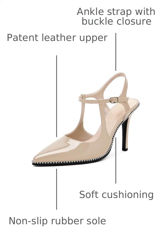 Image of SAMMITOP Womens High Heels Ankle Strap Pointed Toe Stilettos Patent Leather Beaded Pumps Dress Shoes 3.5 Inch