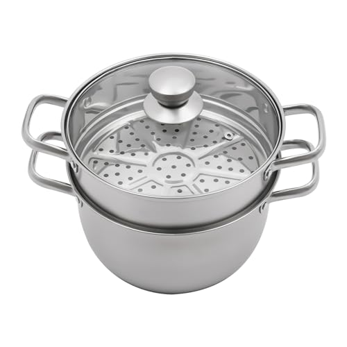 20cm Dampfgarer Topf Edelstahl mit Glasdeckel, 2 Lagiger Dampfgarer Doppelkochersuppe Dampftopf, Induktion Gardampftopf Dampfkochtopf Kochtopf für Gemüse, Fisch, Suppe, Knödel