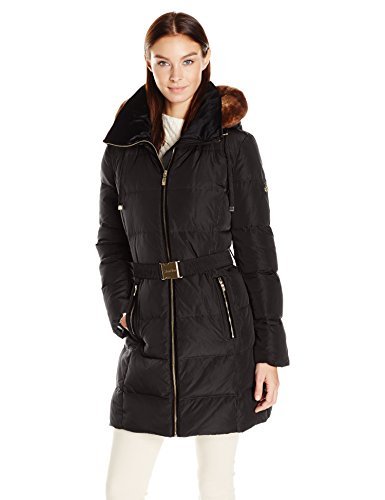 Calvin Klein Womens Down Belted Puffer Long Coat With Faux