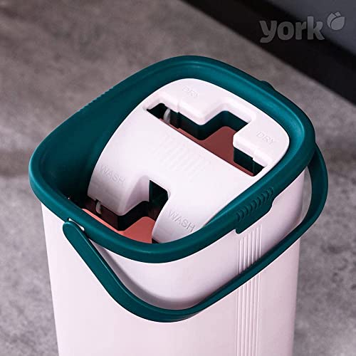 York Bodenwischer Mop Set Handy | Flach, Schwenkbar mit Zwei Kammer Putzeimer | Wischmopp mit Auswringfunktion | Nass-Trocken Reinigungs | Für alle Böden Geeignet | 5 Extra-Kartuschen – Bild 4