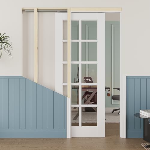 Image of 32 inch x 80 inch 10-Lite Clear Glass Pocket Door, Soft-Close Sliding Pocket Door with Frame & Hardware Kit Set, Primed All-Inclusive Interior Door Slab for Home, White, Need to Assemble