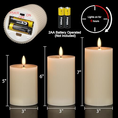 Image of Eldnacele Vertical Stripe Pillar Flameless Candles with 6 Hours Timer, Battery Operated 3D Wick Flickering Warm Lights Real Wax Gray LED Candles Dinner Indoor Holiday Christmas Decor(3Pcs,3 inchx5 inch /6 inch /7 inch)