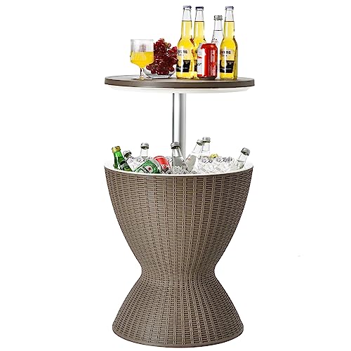 Tangkula Outdoor Cool Bar Table, Rattan Style Patio 8 Gallon Beer and Wine Cooler, All-Weather Ice Bucket w/Height Adjustable Top, Drainage Plug, 3-in-1 Cocktail Coffee Table for Party, Pool (Coffee)