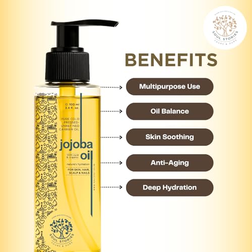Image of Soul Stories Jojoba Oil 100ml | 100% Pure Cold Pressed Carrier Oil for Face, Hair & Skin | Helps Balance Oily & Acne-Prone Skin, Nourish Scalp & Support Healthy Hair | Rich in Vitamin E
