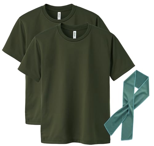 (グリマー)glimmer 無地 定番 ドライ メッシュ Tシャツ 2枚セット 涼感ネックガード付 アーミーグリーン Lの商品画像（Amazon）