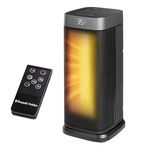 Russell Hobbs 14 Inch Space Portable Heater, 2000W Silent Oscillating Ceramic Electric Heater Black & Silver, Low Energy Digital Display, 5-Modes, 24hr Auto Timer, Overheat Protection, RHCTH2002S