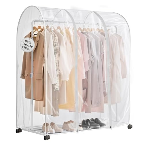 EXLECO Abdeckung für Kleiderständer 180 * 150 * 50 cm Große Kleiderschutzhülle Transparent Plastik Staubschutz Abdeckung mit 2 Reissverschlüsse Kleidersäcke Anti-Staub Schutzhülle für Kleiderstange