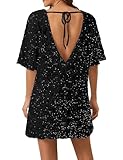 Ymejia Women's Sparkly Sequin Shirt Mini Dress Party Club Dress Half Sleeve Crewneck Tie Backless Velvet Glitter Dresses Black