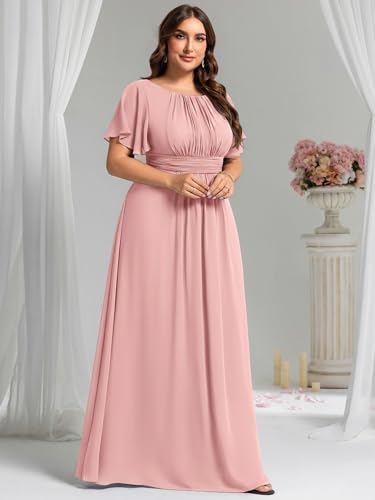 Image of Ever-Pretty Plus Elegant Formal Dresses for Curvy Women Round Neck Short Sleeves Chiffon Bridesmaid Mother of The Bride Dress