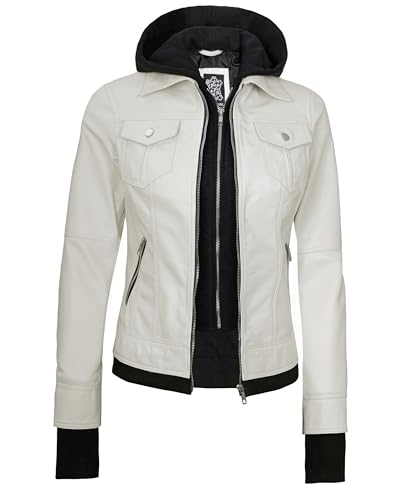 Image of Blingsoul Womens Leather Jacket with Detachable Hood - Real Lambskin Bomber Jacket Thumbholes Women